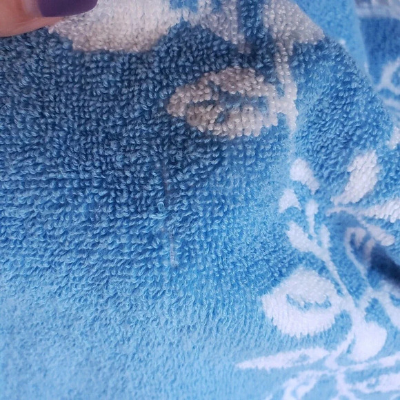 Vintage Sears Cotron Bath + Hand Towel Blue Flowers reversed Sculpted MCM Fringe - Picture 8 of 8